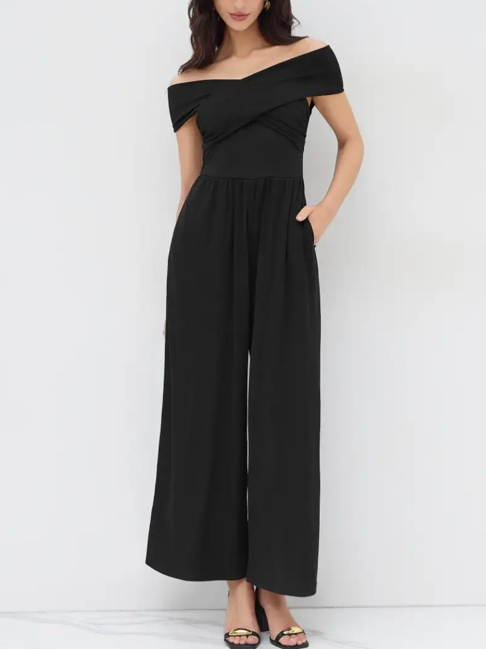 Cider Off-Shoulder Black Wide-Leg Jumpsuit